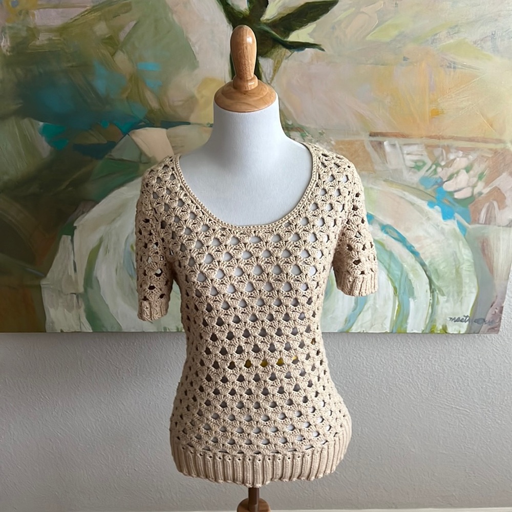 Milly Pullover Sweater Knit Top Crochet Beige small cotton